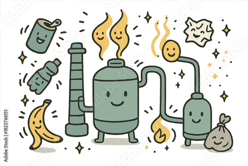 Playful Pyrolysis Doodle. Whimsical doodle futuristic pyrolysis plant with happy reactors, cartoon waste items bouncing, cheerful