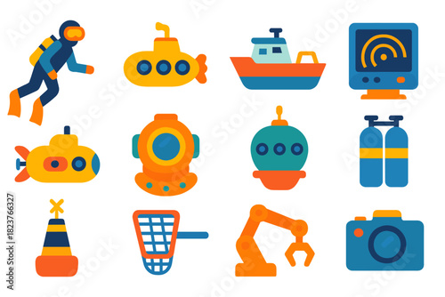 Ocean Exploration Icons. Flat vector icons of ocean exploration: scuba diver, submarine, research ship, sonar device, underwater