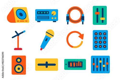 Live Sound Mixing Icons. Flat vector icons of Live Sound Mixing: stage monitor, power amplifier, snake cable, lighting fader, mic