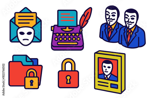 History of Anonymity. Isometric vector illustration set History of anonymity: anonymous correspondence, secretive writing tools,