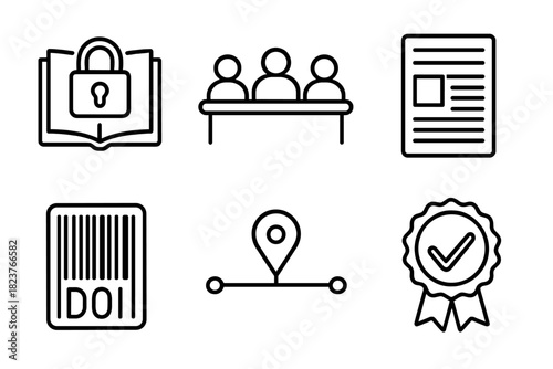 Scientific Publication Icons. Line style icons of Scientific Publication: open access journal, editorial board table, typeset