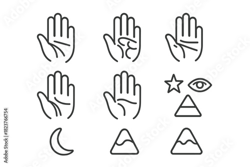 Palmistry Line Icons. Line style icons of Fortune Hand Analysis: Palm Creases, Life Line, Mount Diagram, Palm Reading; Heart Line,