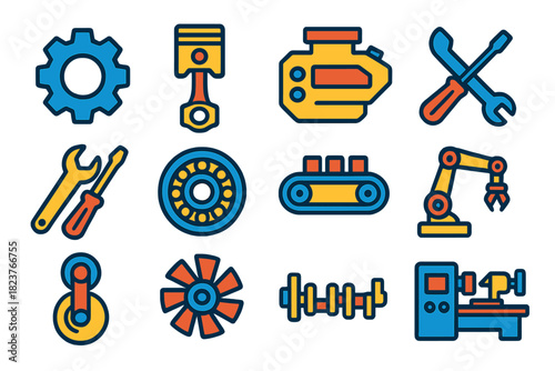 Mechanical Engineering Icons. Flat vector icons of mechanical engineering: gear, piston, engine, wrench, screwdriver, bearing,