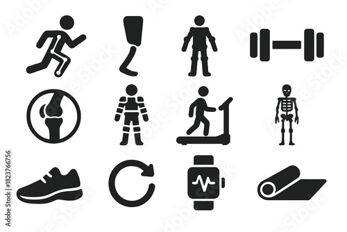 Biomechanics Icons Set. Solid style icons of Biomechanics: running human, prosthetic leg, motion capture, dumbbell, joint diagram,