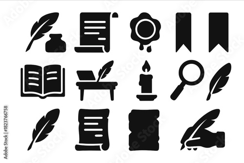Literary Tools Icons. Solid style icons of literary tools: quill, ink pot, scroll, seal, bookmark, manuscript, writing desk,