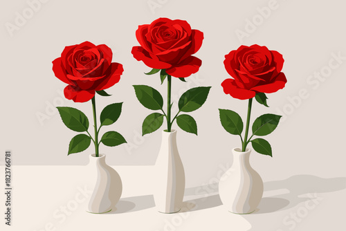 Red Roses Elegance. Vibrant red roses in minimalist white vases placed on a clean white surface, soft natural lighting, perfect