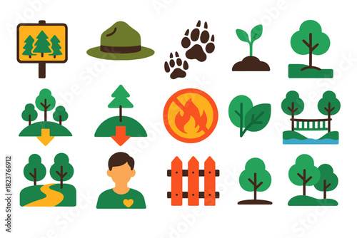 Woodland Conservation Icons. Flat vector icons of woodland conservation: forest reserve sign, ranger hat, animal tracks, native