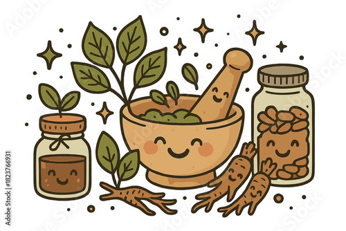 Joyful Herbal Mixing. Joyful doodle traditional medicine preparation with cheerful mortar and pestle, happy leaves and roots,