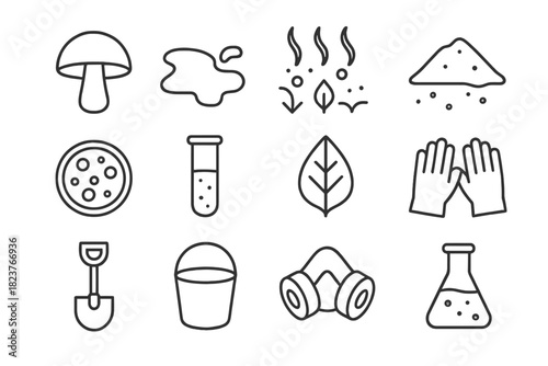 Mycoremediation Icons. Line style icons of Mycoremediation: Fungi, Oil Spill, Toxin Absorption, Soil Cleanup; Petri Dish, Test
