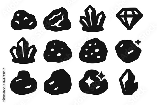 Mineral Finds Icons. Solid style icons of Mineral Finds: Gold Nugget, Silver Vein, Crystal, Gemstone, Quartz, Coal Chunk, Ore