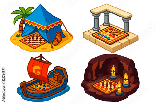 Vibrant Game Settings. Isometric vector illustration set Ancient Game Settings: Desert tent game scene, temple floor with board,