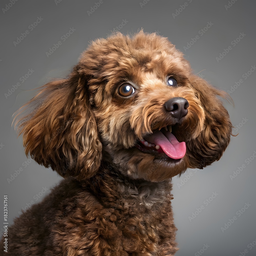 Fototapeta premium Adorable toy poodle with curly brown fur and happy expression