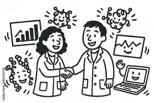 Joyful Lab Collaboration. Playful doodle scientific collaboration with characters in lab coats smiling, data charts with faces,
