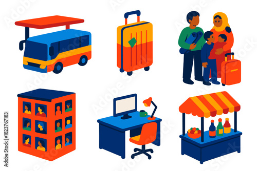 Urban Migration Illustration. Isometric vector illustration set Migration to Cities: bus station, suitcase, new immigrant family,