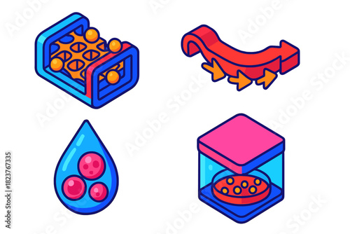 Cell Culture Illustration. Isometric vector illustration set Cell Culture Integration: Bioengineered scaffold, nutrient flow