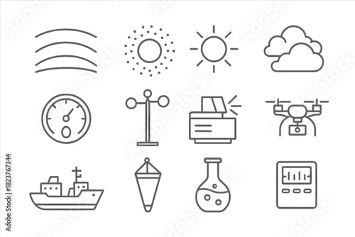 Atmospheric Science Icons. Line style icons of Atmospheric Science: Stratosphere, Aerosol Particle, Sunlight, Cloud Formation;