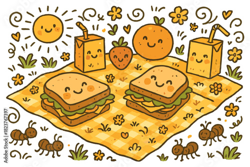 Joyful Picnic Scene. Happy doodle picnic with sandwiches smiling, juice boxes with faces, ants marching playfully, fruits with