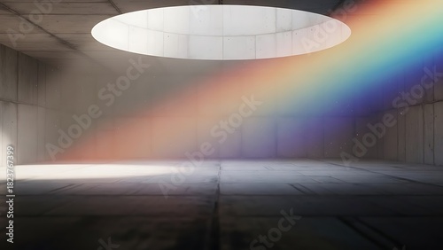 天窓から差し込む虹色の光が静かに照らすコンクリート空間の幻想的な情景