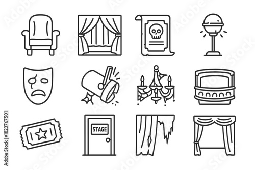 Ghostly Theater Icons. Line style icons of forgotten theater: velvet seat, stage curtain, old playbill, ghost light; cracked mask,