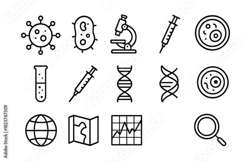 Epidemiology Icons. Line style icons of Epidemiology: Virus, Bacteria, Microscope, Petri Dish; Test Tube, Syringe, DNA Strand,