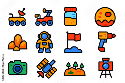 Extraterrestrial Icon Set. Flat vector icons of Extraterrestrial Exploration: Lunar Rover, Mars Rover, Sample Container, Crater,