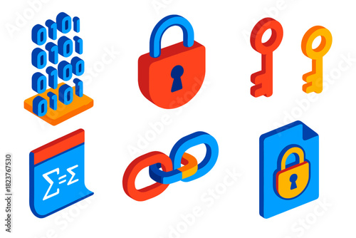 Secure Digital Icons. Isometric vector illustration set Encryption Algorithms: binary code stream, padlock symbol, public-private
