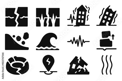 Earthquake Phenomena Icons. Solid style icons of earthquake phenomena: fault rupture, aftershock, ground fissure, shaking building