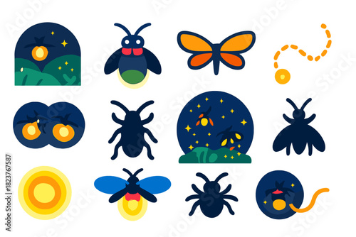 Glowing Firefly Icons. Flat vector icons of fireflies and glow insects: glowing firefly, beetle with light abdomen, insect wings,