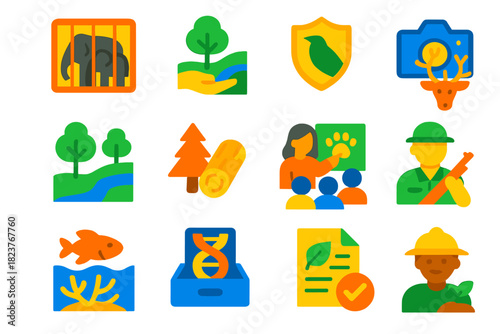 Conservation Strategy Icons. Flat vector icons of Conservation Strategies: captive breeding, habitat restoration, legal protection