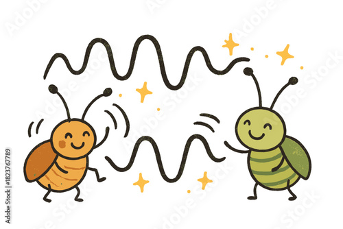 Happy Insect Signals. Cheerful doodle vibrational signal transmission with happy insects tapping, cartoon waves bouncing along