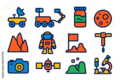 Extraterrestrial Icon Set. Flat vector icons of Extraterrestrial Exploration: Lunar Rover, Mars Rover, Sample Container, Crater,