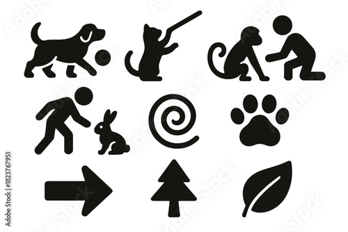 Cross-Species Playtime Icons. Solid style icons of playful interaction across species: dog, cat, monkey, rabbit, human figure,