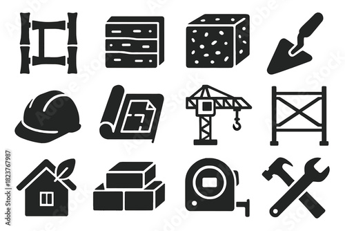 Green Architecture Icons. Solid style icons of Green Architecture: bamboo frame, rammed earth wall, hempcrete block, trowel, hard