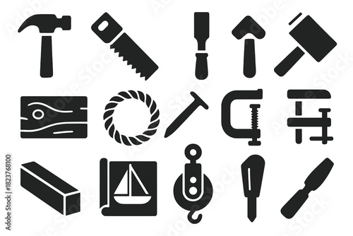 Shipbuilding Tools Icons. Solid style icons of shipbuilding tools: hammer, saw, chisel, mallet, plank, rope, nail, clamp, wooden