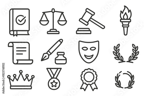 Normative Ethics Icons. Line style icons of Normative Ethics: Rule Book, Scales, Hammer, Torch; Scroll, Pen, Inkpot, Mask; Crown,