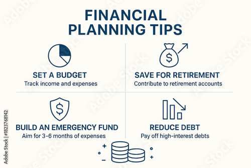 Financial Planning Infographic. Flat infographic for financial planning tips, minimalist charts, coins, and line icons, clean blue