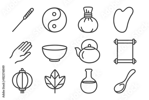 Traditional Chinese Medicine Icons. Line style icons of Traditional Chinese Medicine: Acupuncture Needle, Yin Yang, Herbal Bundle,