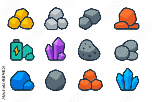 Mineral Icon Set. Flat vector icons of Mineral Types: Gold, Silver, Platinum, Copper, Lithium, Rare Earth Crystal, Iron Ore,