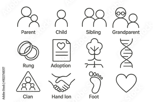 Kinship Icons Collection. Line style icons of Kinship Studies: Parent, Child, Sibling, Grandparent; Marriage Ring, Adoption Paper,