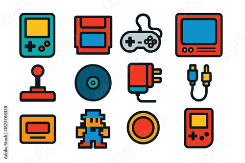 Vintage Gaming Icons. Flat vector icons of Vintage Gaming Consoles: handheld console, cartridge, wired controller, CRT TV,