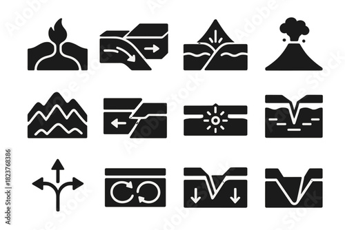 Tectonic Processes Icons. Solid style icons of tectonic processes: magma chamber, plate subduction, ridge formation, volcanic