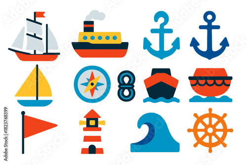 Maritime Transport Icons. Flat vector icons of maritime transport: sailing ship, steamship, lifeboat, anchor, sail, compass, rope