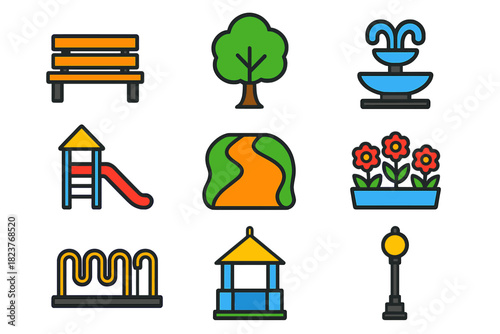 Urban Green Icons. Flat vector icons of Urban Green Spaces: Park Bench, Tree, Fountain, Playground, Walking Path, Flower Bed,