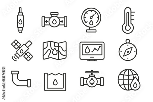 Water Monitoring Icons. Line style icons of Water Monitoring: Sensor, Flow Meter, Gauge, Thermometer; Satellite, Map, Data Screen,