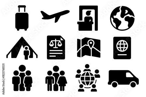 Global Mobility Icons. Solid style icons of Global Mobility: luggage, airplane, checkpoint, refugee shelter, law document, globe,