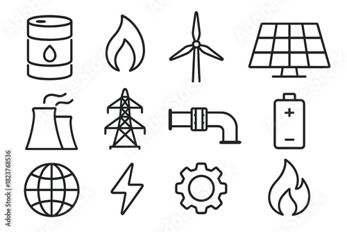 Global Energy Icons. Line style icons of Global Energy: Oil Barrel, Gas Flame, Wind Turbine, Solar Panel; Power Plant,