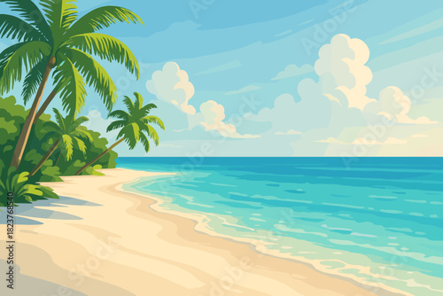 Tropical Beach Paradise. Scenic tropical beach with white vector illustration sand and clear turquoise water, illuminated by soft