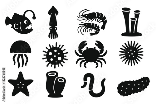 Deep Sea Creatures. Solid style icons of Deep sea fauna: abyssal fish, giant squid, shrimp cluster, tube worm, jellyfish,