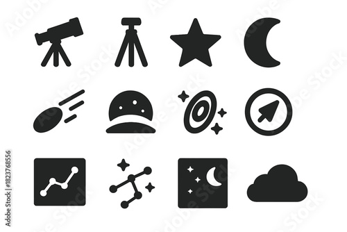 Stargazing Icon Set. Solid style icons of Stargazing: Telescope, Tripod, Star, Moon Phase, Meteor, Horizon, Milky Way, Compass,