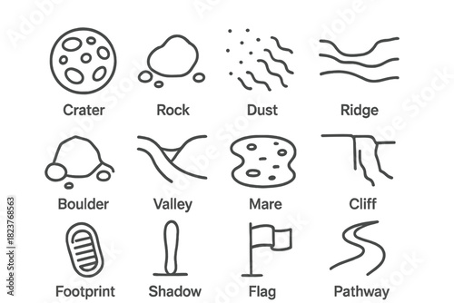 Lunar Surface Icons. Line style icons of Lunar Surface Features: Crater, Rock, Dust, Ridge; Boulder, Valley, Mare, Cliff;